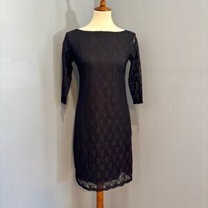 VTG Retro Black Floral Lace Sheath Dress 3/4 Sleeve LBD Size Soft Goth, Size M